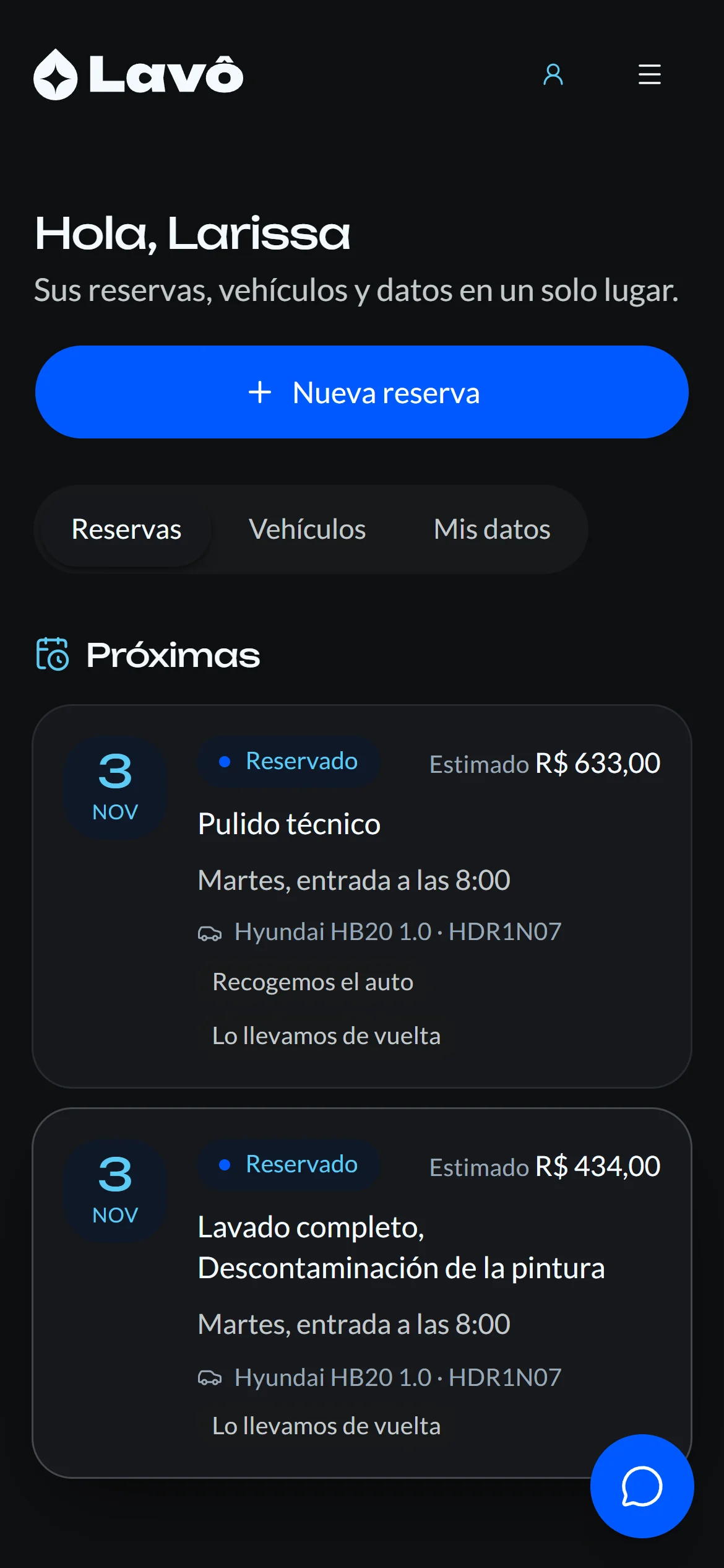 Área del cliente en el celular, con las próximas reservas