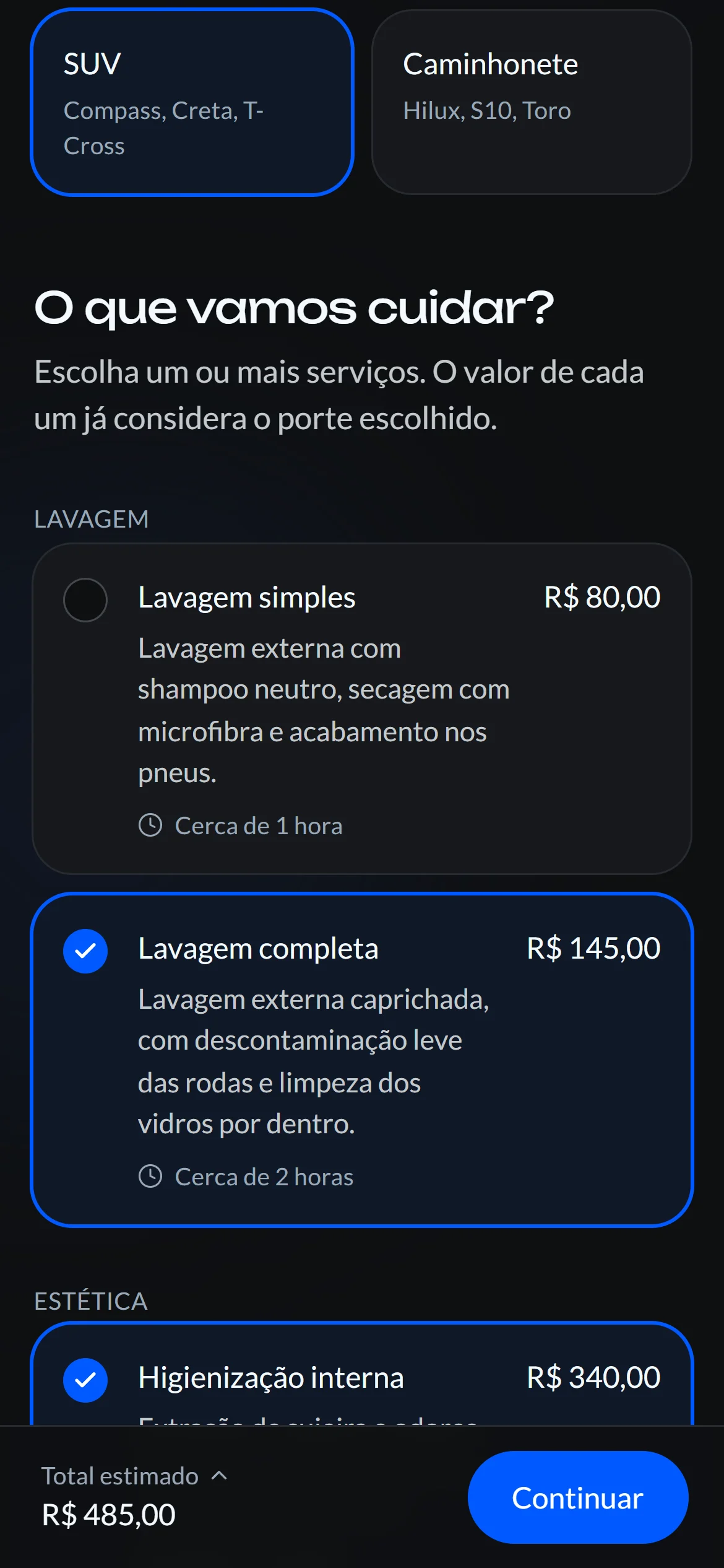 Agendamento no celular: porte SUV escolhido, dois serviços marcados e total estimado de R$ 485